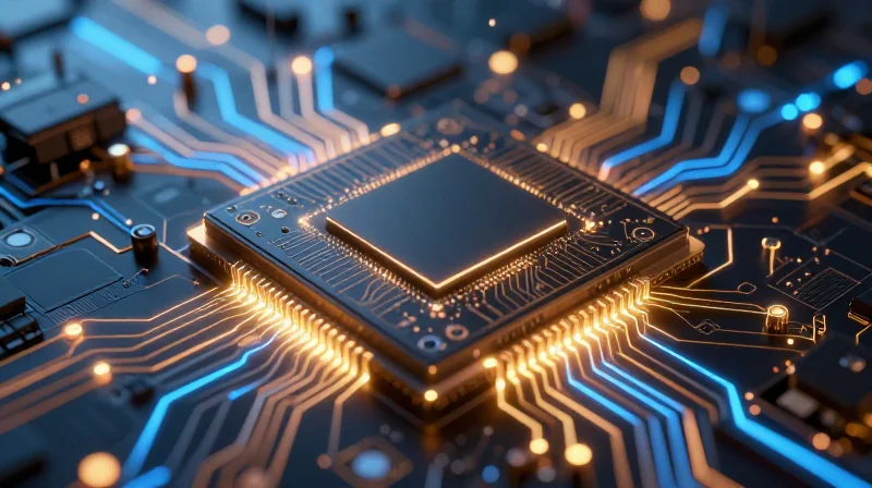 A microscopic conceptual view of a silicon photonics chip with glowing optical pathways.