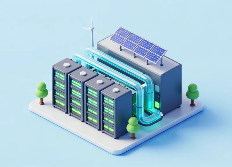 An isometric 3D illustration of a modern green data center featuring server racks, cooling systems, and renewable energy sources like solar panels and wind turbines on a clean background.
