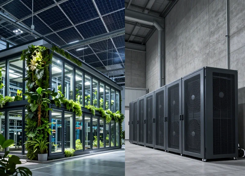 A side-by-side visual comparison of a sustainable green data center featuring solar panels and vertical gardens versus a traditional industrial data center facility.