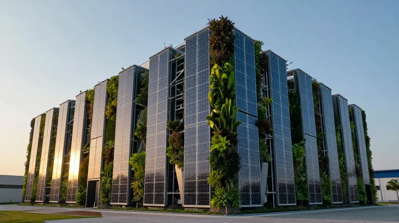 A modern sustainable data center building with glass walls, solar panels on the roof, and vertical gardens integrated into the architecture.