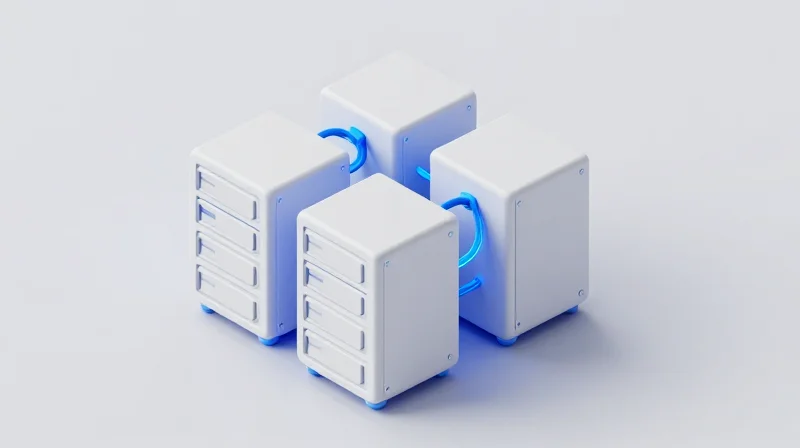 Isometric 3D illustration of modular server units appearing as interlocking white and blue blocks.