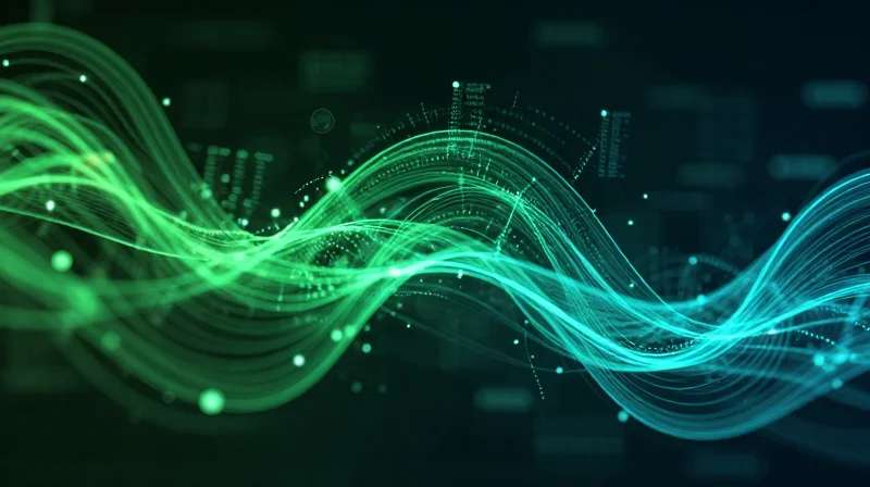 Abstract visualization of digital energy flow with glowing green and cyan light trails representing efficient power usage.