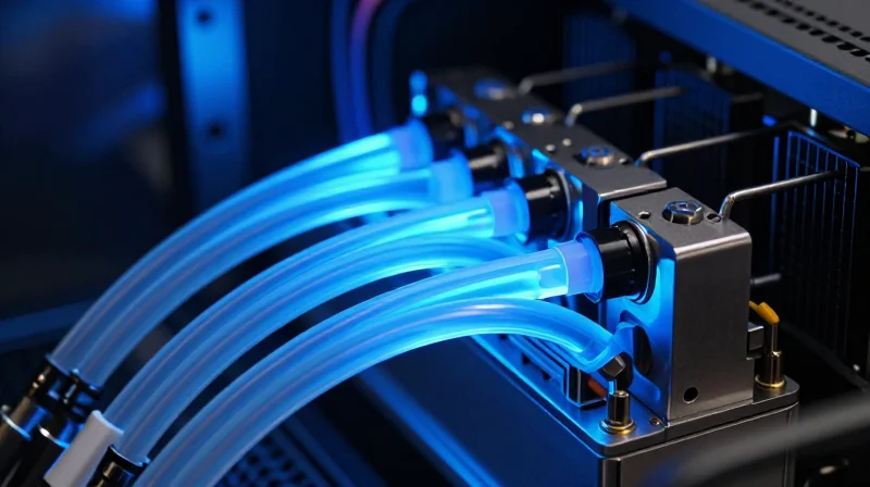 Close-up of a server cooling system with glowing liquid pipes and metallic hardware components.