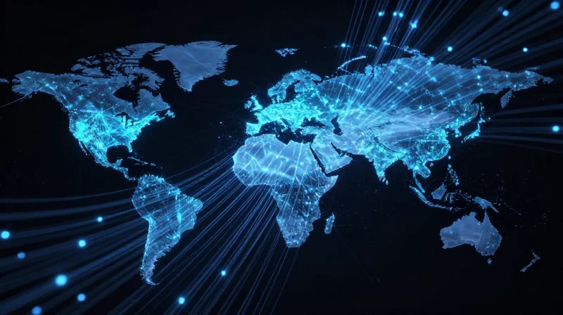 A global map showing fiber optic connections across continents with glowing light trails.