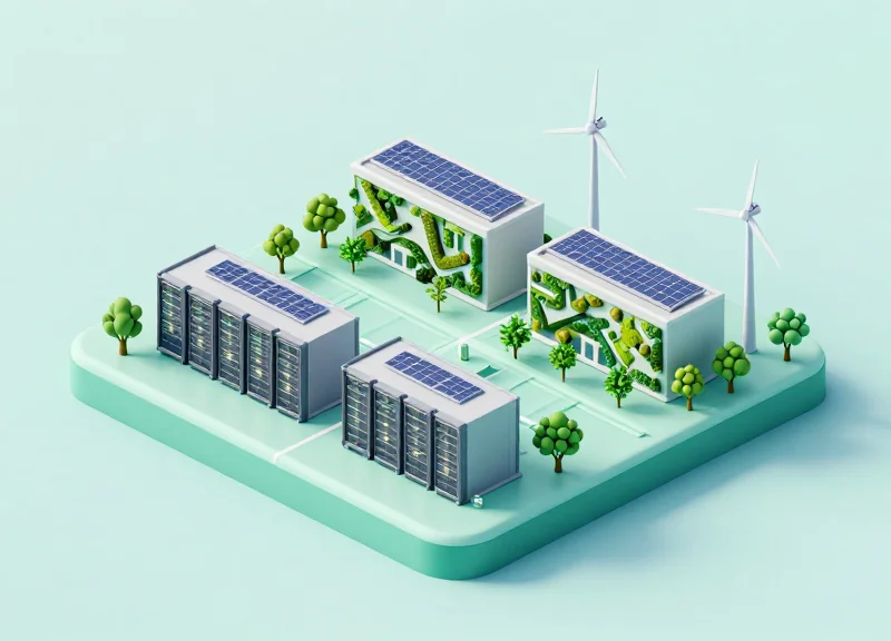 An isometric 3D illustration of a modern sustainable green data center facility featuring solar panels on the roof, miniature wind turbines, and lush green plants integrated into the high-tech architecture.