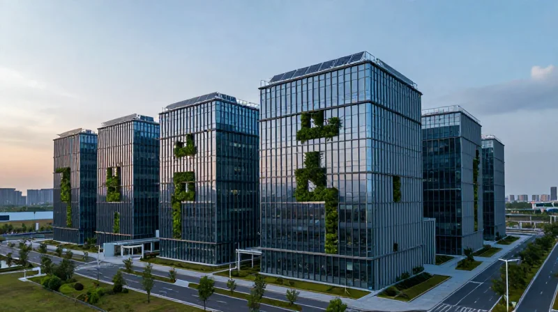 Photorealistic wide shot of a modern sustainable data center facility at dusk with solar panels and vertical gardens.