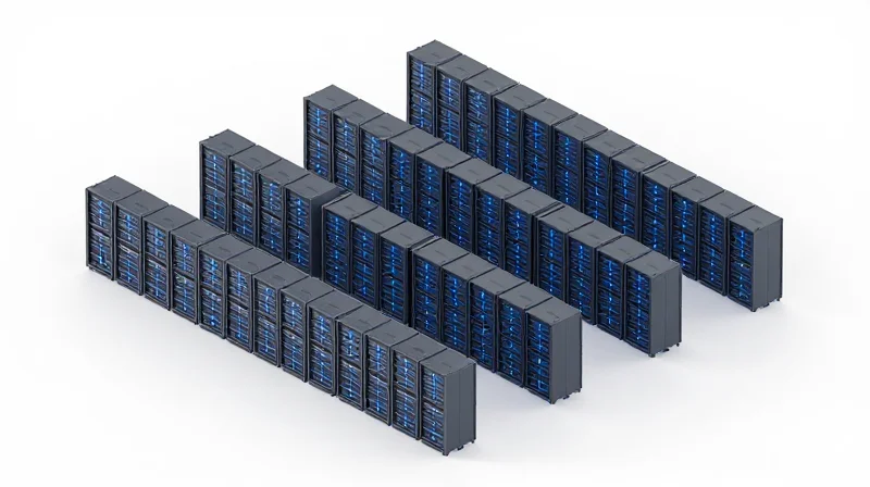 Isometric 3D illustration of a vast warehouse filled with rows of server racks representing wholesale infrastructure.