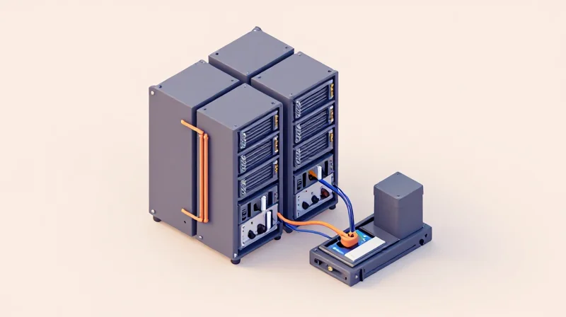 Isometric 3D illustration of a specialized server module being precision-assembled into a rack.