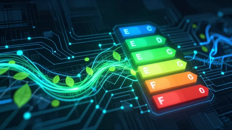 Abstract data visualization showing energy flow through glowing green circuits and fiber optics.