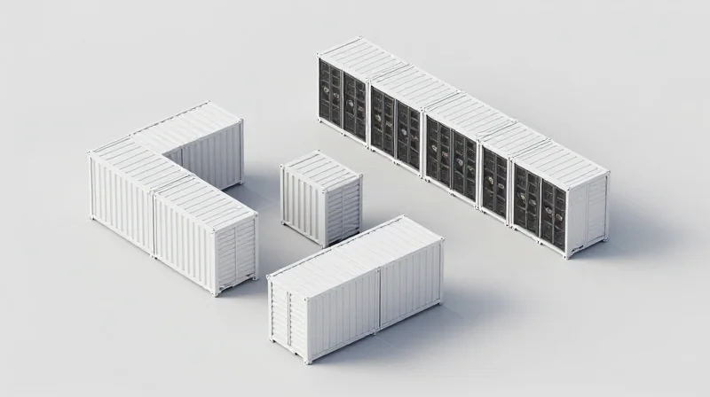Isometric 3D illustration of prefabricated data center modules being arranged like building blocks.