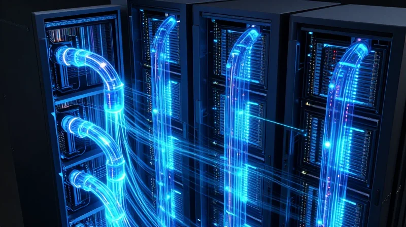 Conceptual tech art showing high-density server blades with glowing blue liquid cooling pipes and data streams.