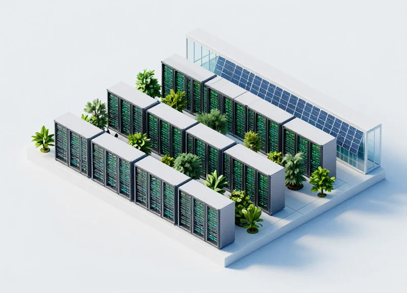 An isometric 3D illustration of a sustainable green data center with modular server racks, integrated solar panels, and small trees inside a modern facility.
