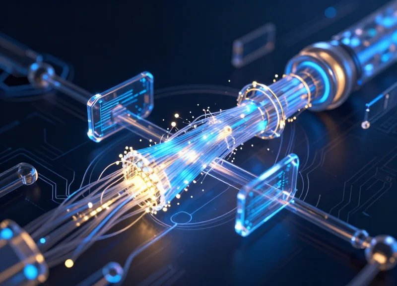 An abstract visualization of secure optical fiber data transmission with glowing blue and gold light pulses representing encrypted data flow through high-speed networks.