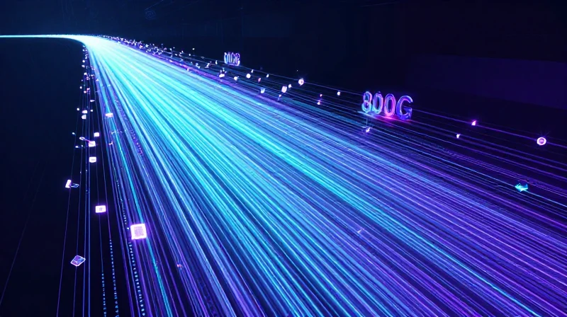 Scalability and Throughput: Meeting the 800G Challenge Abstract visualization of hyper-scale 800G data traffic flowing through fiber optics.