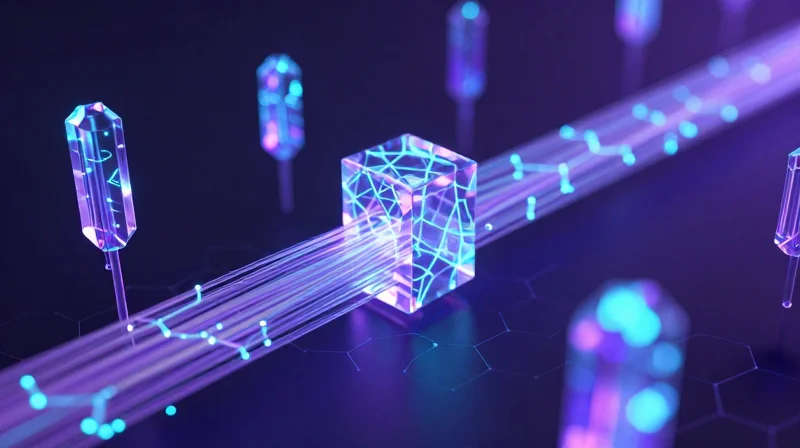 Quantum-Safe Readiness: Future-Proofing your Fiber Futuristic visualization of quantum-protected fiber optic lines with crystalline security structures.