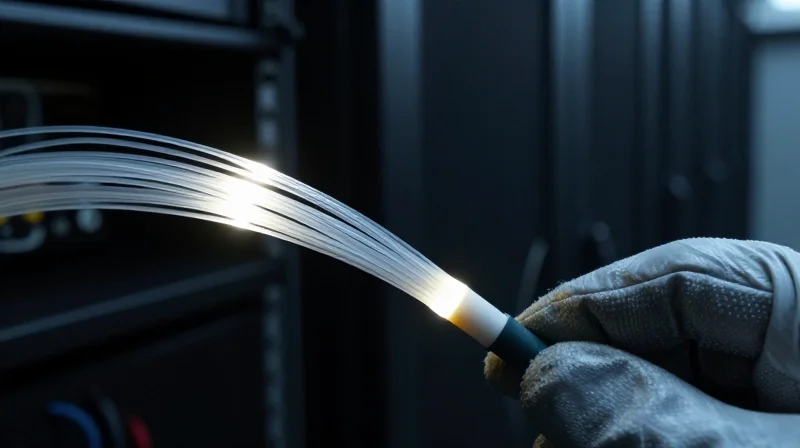 Security Integrity: Defeating Physical Layer Tapping Photorealistic close-up of a glowing fiber optic cable being handled, emphasizing physical integrity.