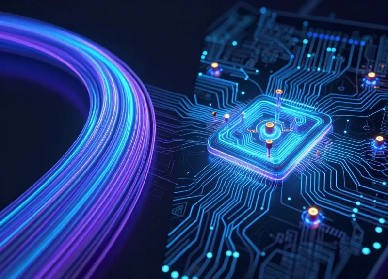 A conceptual technical comparison visual featuring glowing blue optical fiber cables on one side and golden digital circuit pathways on the other, representing network performance and security.