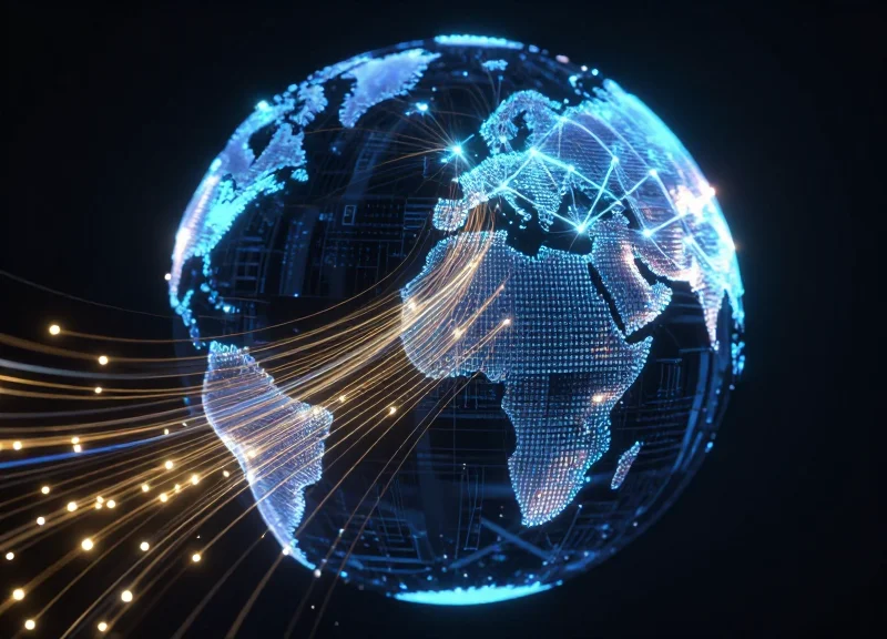 Abstract digital visualization of a global network with glowing blue and gold fiber optic streams and interconnected data nodes on a dark background.