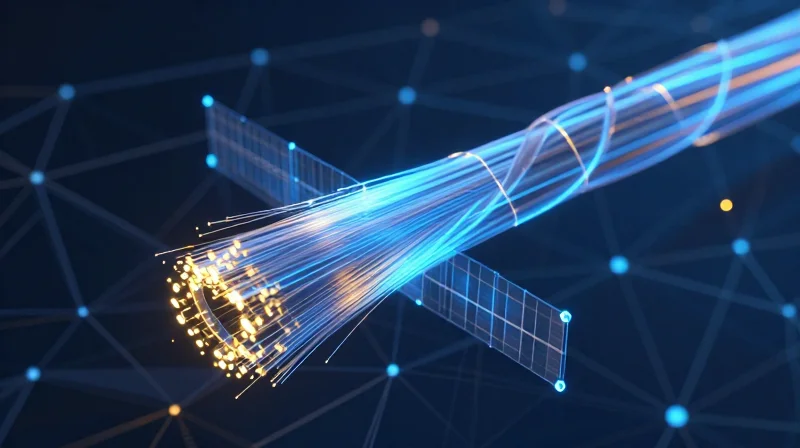Abstract visualization of fiber optic cables with glowing data security nodes and protective shields.