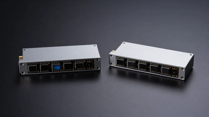 Two different designs of high-tech optical transceivers side-by-side for comparison.