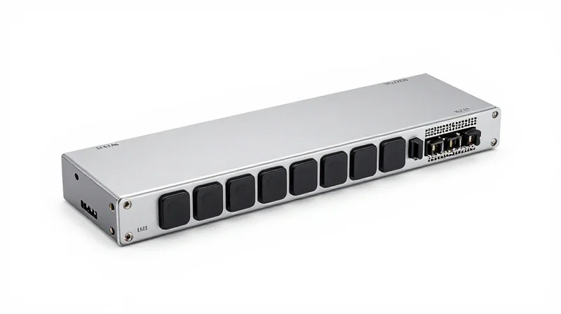 Close-up studio shot of a secure optical module highlighting metallic textures and fiber ports.