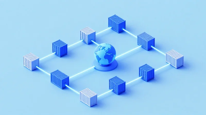 Isometric 3D model of a global logistics network with fiber optic connections and transport hubs.
