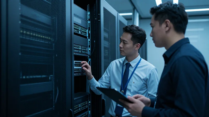 Professional IT experts discussing network infrastructure in a high-tech server room.