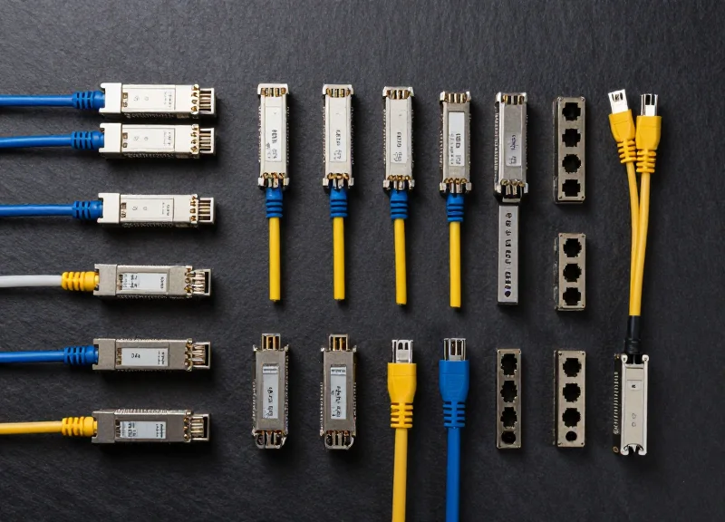 A professional top-down knolling arrangement of optical network security components like transceivers and fiber optic cables on a sleek surface.