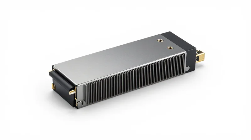 Technical Foundations: Form Factors and Interface Standards Close-up of a high-performance 800G OSFP optical transceiver module with heat sink details.