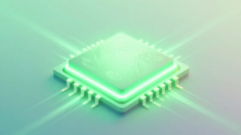 Power Consumption and Sustainability: The Watts/Gbps Advantage Abstract digital art showing energy-efficient 800G technology with green sustainability motifs.
