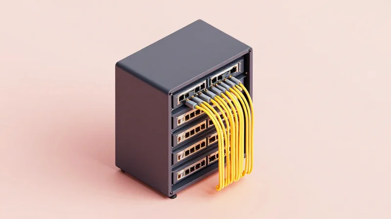 Network Density and Scalability in the Data Center Isometric 3D model of a high-density 51.2T switch rack demonstrating 800G scalability.