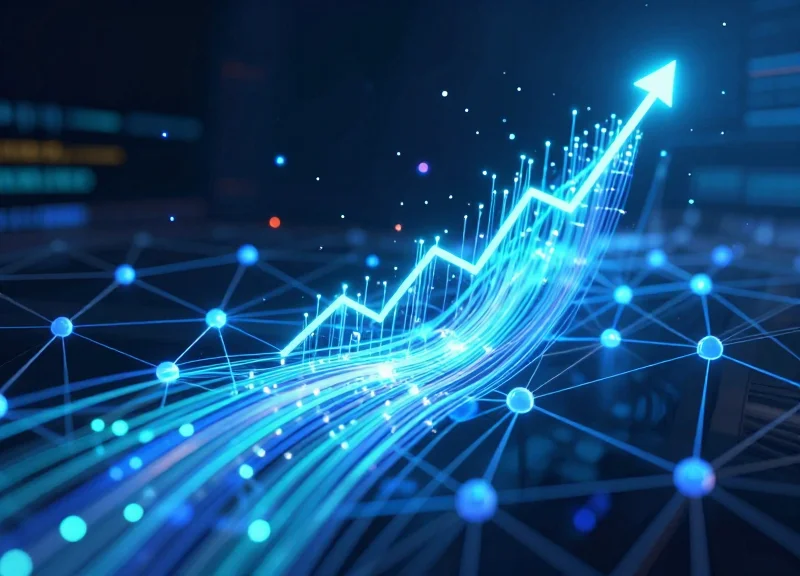 Abstract digital visualization of high-speed fiber optic data streams and glowing network nodes in a dark futuristic environment.