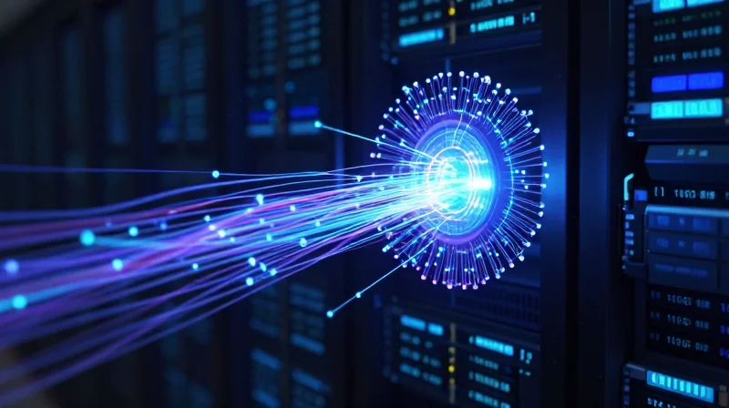 An abstract, futuristic data center interior with glowing 800G fiber optic cables and digital streams.