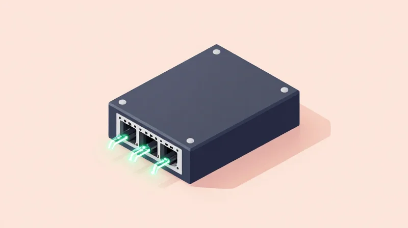 An isometric 3D view of an energy-efficient optical networking module with green highlights representing power savings.