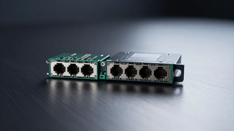 Side-by-side comparison of 800G vs 400G networking components in a professional studio setting.