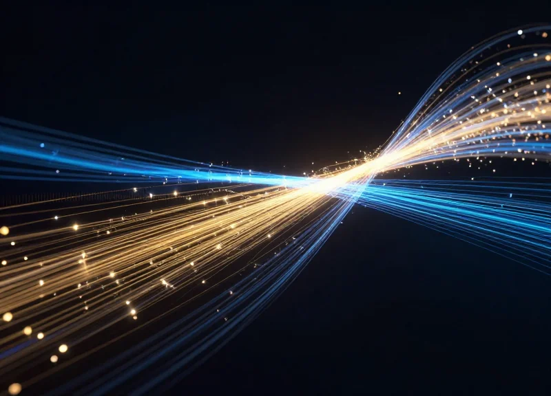 Abstract digital art showing glowing fiber optic data streams and light trails symbolizing high-speed 800G network performance and technological ROI.