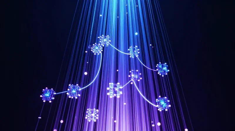 The Strategic Necessity of 800G in the AI Era Abstract data visualization showing high-speed 800G data streams and glowing AI nodes in a dark futuristic environment.