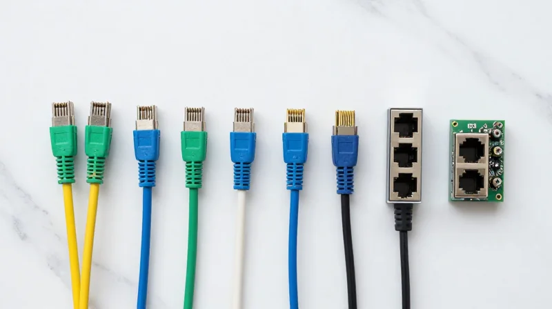 Optimizing Physical Space: Higher Port Density and Cabling Simplification Organized flat lay photography of 800G network components and fiber optic cables on a clean surface.