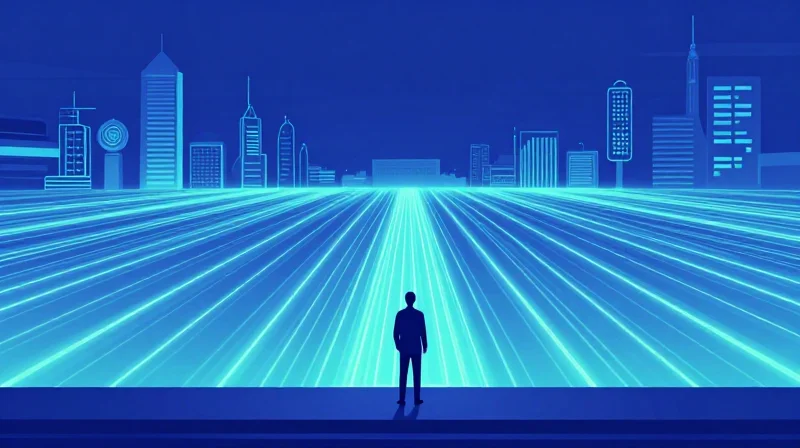 Future-Proofing and Interoperability Conceptual illustration of a person looking at a horizon of glowing digital pathways representing future network evolution.