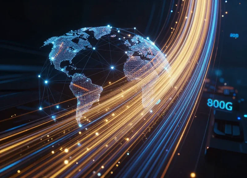 High-speed fiber optic data streams with glowing nodes representing 800G network infrastructure and global connectivity.