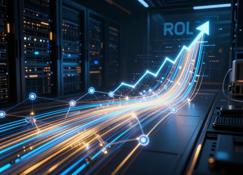 Abstract visualization of high-speed data flowing through a network infrastructure with glowing light trails representing financial growth and technological ROI.