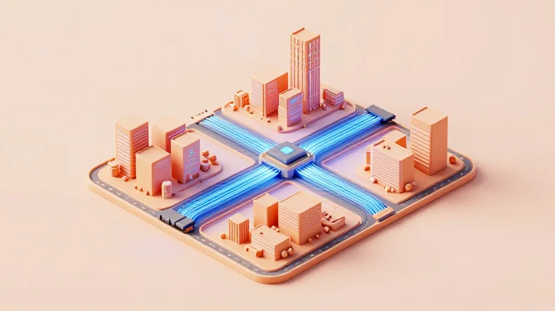 Isometric view of a futuristic city with glowing underground fiber optic cables connecting skyscrapers and data centers.