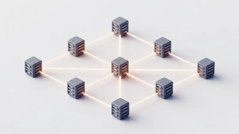 Isometric 3D model showing various network nodes connected in a complex resilient mesh pattern.