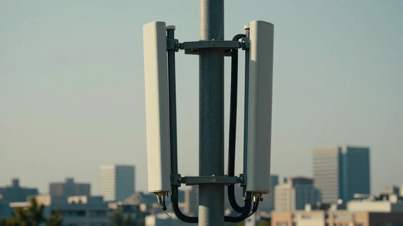 Close-up of a modern 5G transmitter on a city streetlight with visible fiber optic conduit installation.