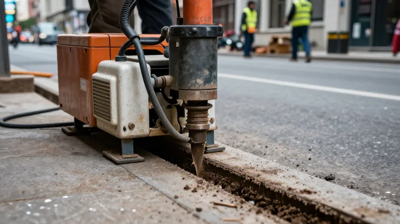 Cinematic documentary shot of a specialized micro-trenching machine cutting a narrow groove in an urban asphalt road.