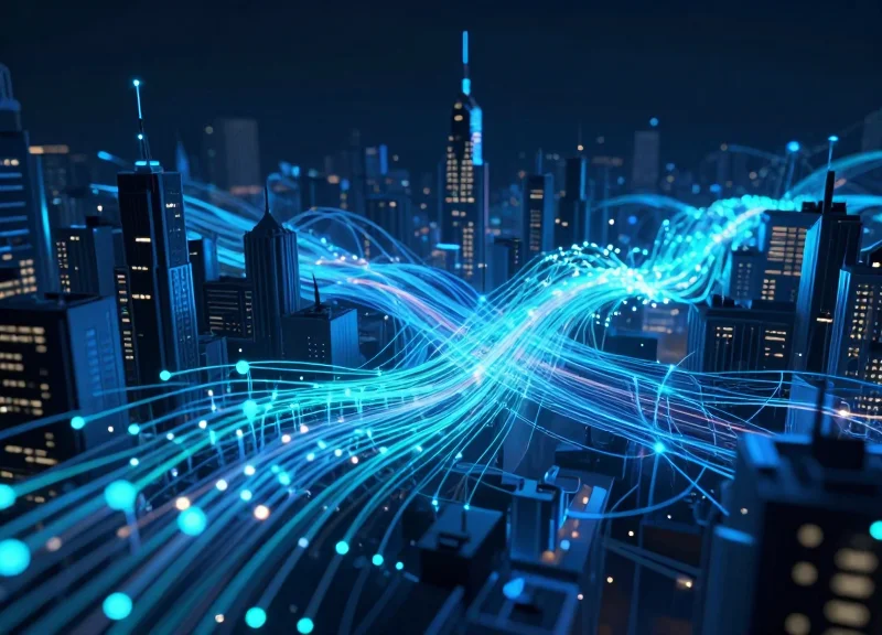 Abstract digital visualization of a smart city fiber backbone featuring glowing blue and teal light trails representing high-speed data flowing through a dark urban landscape.