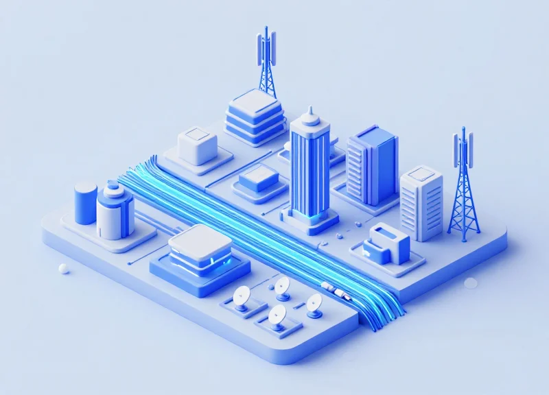 An isometric 3D illustration of a modern smart city featuring glowing subterranean fiber optic cables and various communication infrastructure modules.