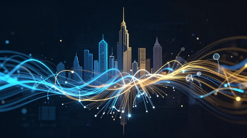 Abstract digital visualization of a smart city network connected by glowing fiber optic lines.