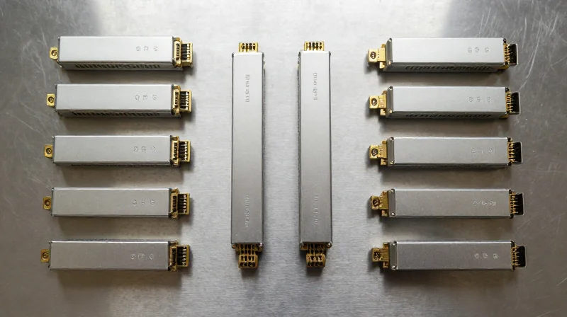 A collection of high-performance fiber optic transceivers including SFP and QSFP models neatly arranged.