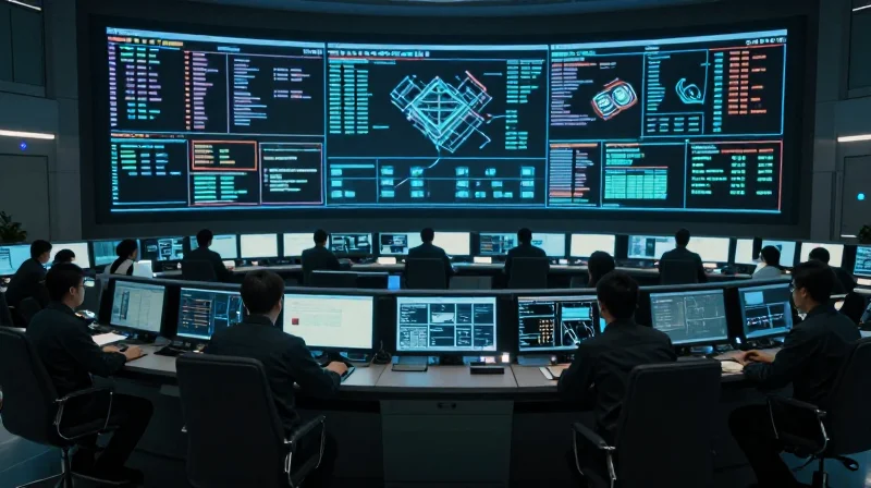 A modern city operations center with high-tech screens representing mission-critical data management.